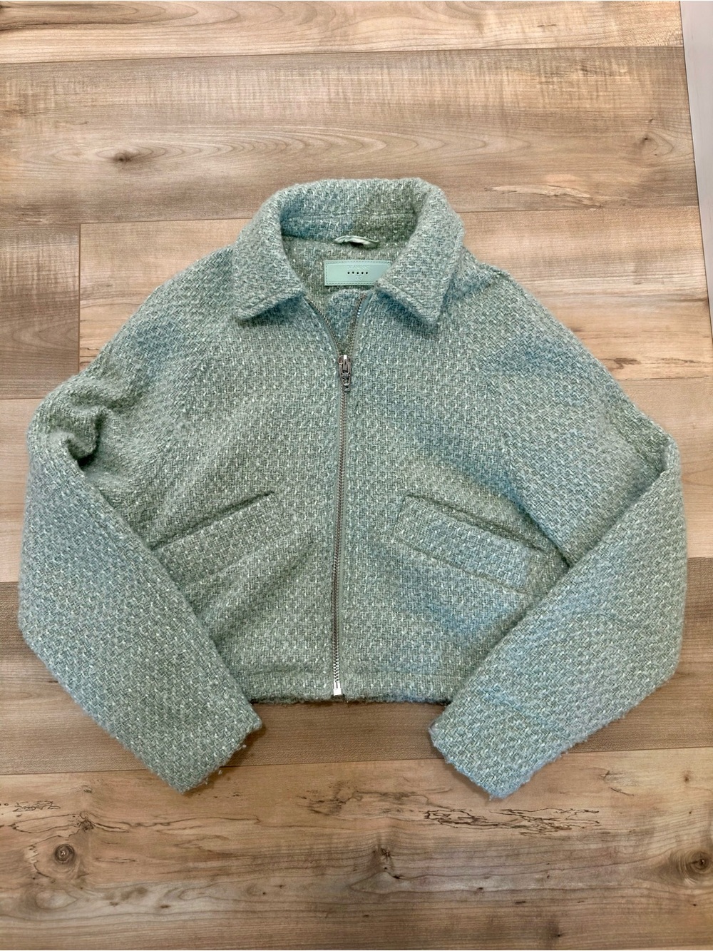 Blank NYC Mint Green Cropped Tweed Zip Jacket